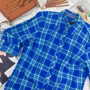 Talbots Classic Cotton Shirt in Blue & Teal Plaid